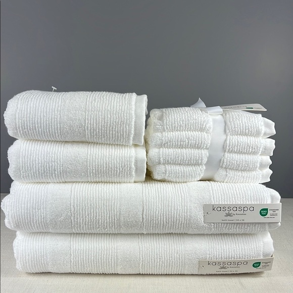 Kassa Spa White Bath Towel Set 100% Cotton 2 Bath 2 Hand 4 Wash Set of 8 NEW - Picture 1 of 8